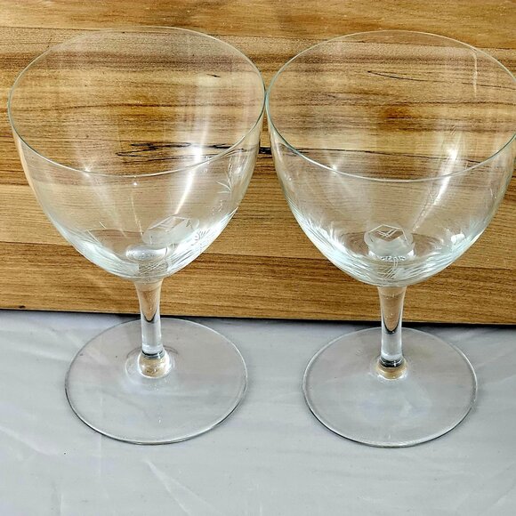 2 Cut Glass Rose Water Glasses 6" vtg ice tea wine goblets etched floral 10oz - Picture 3 of 7